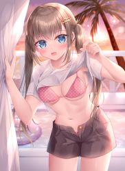 Rule 34 | 1girl, bikini, bikini under clothes, black shorts, blue eyes, blush, breasts, brown hair, clothes lift, commentary request, hair between eyes, hair ornament, hairclip, hands up, highres, horizon, kohinata hoshimi, leaning forward, lifted by self, long hair, looking at viewer, medium breasts, ocean, open clothes, open fly, open mouth, open shorts, original, palm tree, pink bikini, polka dot, polka dot bikini, shirt, shirt lift, short shorts, short sleeves, shorts, sky, solo, sunset, swimsuit, tree, twintails, very long hair, water, white shirt