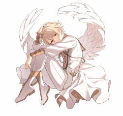 Rule 34 | 1boy, absurdres, angel wings, ankle boots, blonde hair, boots, chain, commentary request, ensemble stars!, feathered wings, full body, gold trim, green eyes, hair between eyes, hand on own head, highres, horns, hugging own legs, jacket, knees up, looking at viewer, lq saku, male focus, pants, shiratori aira (ensemble stars!), short hair, simple background, single horn, smile, solo, white background, white footwear, white jacket, white pants, white theme, white wings, wings