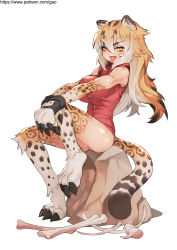 Rule 34 | 1girl, :p, animal ears, animal hands, animal print, black hair, blonde hair, bone, bottomless, breasts, claws, commentary, english commentary, fang, full body, fur, gao (gaolukchup), grey hair, hair between eyes, highres, large breasts, leg up, leopard ears, leopard print, leopard tail, long hair, looking at viewer, monster girl, multicolored hair, muscular, muscular female, no panties, on rock, original, patreon username, pussy, pussy peek, rock, scar, sitting, sleeveless, slit pupils, solo, tail, tongue, tongue out, uncensored, watermark, web address, white background, yellow eyes