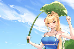 Rule 34 | 1girl, absurdres, ahoge, arm up, armpits, bare arms, bare shoulders, blonde hair, blue shirt, blue sky, breasts, cloud, collarbone, day, earrings, flower, hair flower, hair ornament, highres, holding, holding leaf, jewelry, jingburger, large breasts, leaf, long hair, looking at viewer, open mouth, outdoors, ponytail, red eyes, shirt, sky, sleeveless, sleeveless shirt, smile, solo, spaghetti strap, strap gap, upper body, virtual youtuber, waktaverse, ziro (zirorong)