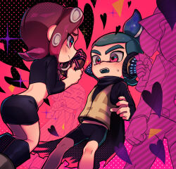 Rule 34 | 1boy, 1girl, 2others, agent 3 (splatoon), agent 8 (splatoon), bike shorts, black footwear, black skirt, blue hair, boots, box, clenched hand, closed mouth, commentary, crop top, headphones, heart, heart-shaped box, holding, holding box, inkling, inkling boy, inkling player character, leather skirt, medium hair, miyashiro, multiple others, nintendo, octoling, octoling girl, octoling player character, open mouth, pencil skirt, pink background, red eyes, red hair, skirt, sparkle, splatoon (series), sweat, teeth, tentacle hair, thick eyebrows, upper teeth only, valentine