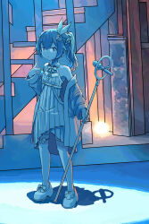 Rule 34 | 1girl, commentary, dress, english commentary, flat chest, hair ornament, holding, holding microphone stand, hololive, jacket, medium dress, microphone, microphone stand, off shoulder, pleated dress, ponytail, shadow, sixten, smile, solo, spotlight, stairs, star (symbol), star hair ornament, tokino sora, tokino sora (birthday 2022), virtual youtuber