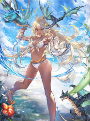 Rule 34 | 1girl, :d, ahoge, armpits, bad id, bad pixiv id, bare shoulders, beach, bikini, blue sky, breasts, cleavage, cloud, collarbone, commentary request, dark-skinned female, dark skin, day, dragon, granblue fantasy, highres, jacket, long hair, navel, niii, ocean, one eye closed, open mouth, red eyes, sandals, shadowverse, sky, small breasts, smile, solo, sun, sunlight, swimsuit, very long hair, water, white bikini, white hair, white jacket, zooey (granblue fantasy), zooey (summer) (granblue fantasy)