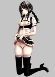 Rule 34 | 1girl, alternate hairstyle, bar censor, black footwear, black hair, black skirt, black thighhighs, bodice, boots, breast cutout, breasts, censored, closed mouth, clothes lift, earrings, full body, grey background, groin, high collar, high heels, idolmaster, idolmaster shiny colors, jewelry, kazano hiori, kneeling, lifting own clothes, light blush, long hair, looking at viewer, mole, mole under mouth, navel, nipples, paid reward available, panties, purple eyes, pussy, ribs, short sleeves, simple background, skindentation, skirt, skirt lift, small breasts, solo, takano masayuki, thighhighs, underwear