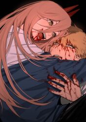 Rule 34 | 1boy, 1girl, absurdres, black background, blonde hair, blood, blood from mouth, blood on clothes, blood on face, blood on hands, blue jacket, chainsaw man, collared shirt, dark background, denji (chainsaw man), hair between eyes, highres, horns, hug, jacket, jacket partially removed, li chestnuts, looking at another, nosebleed, open mouth, power (chainsaw man), red horns, sharp teeth, shirt, short hair, smile, teeth, white shirt, yellow eyes