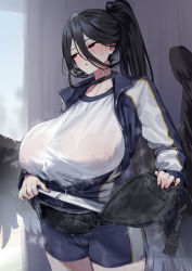 Rule 34 | 1girl, absurdres, black choker, black hair, black wings, blue archive, blush, bra, breasts, cameltoe, choker, cleft of venus, feathered wings, gym uniform, hair between eyes, hasumi (blue archive), hasumi (track) (blue archive), highres, holding, holding bra, holding clothes, holding underwear, huge breasts, ie (raarami), jacket, long hair, looking away, official alternate costume, parted lips, partially unzipped, ponytail, red eyes, see-through, see-through shirt, shirt, shorts, solo, sportswear, steam, sweat, track jacket, underwear, very long hair, white shirt, wings