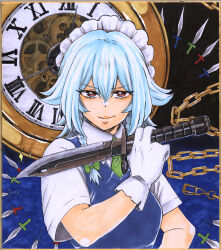 Rule 34 | 1girl, absurdres, blue hair, blue vest, bow, breasts, chain, closed mouth, commentary request, gears, gloves, green bow, hair between eyes, hair bow, highres, holding, holding knife, izayoi sakuya, knife, long bangs, looking at viewer, maid, maid headdress, matsuri kyuuta, medium breasts, medium hair, pocket watch, red eyes, shikishi, smile, solo, sparkle, touhou, traditional media, upper body, vest, watch, white gloves