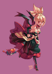 Rule 34 | 1girl, 2013, bat wings, black pantyhose, blonde hair, blush, bow, breasts, bright pupils, cleavage, dated, demon girl, detached sleeves, disgaea, dress, earrings, high heels, highres, jewelry, junkpuyo, large breasts, makai senki disgaea 2, pantyhose, pointy ears, purple background, red eyes, ring, rozalin, running, scrunchie, shoes, simple background, strapless, strapless dress, tink, tink (disgaea), white pupils, wings, yellow bow