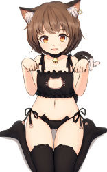 Rule 34 | 1girl, animal ear fluff, animal ear legwear, animal ears, bell, black thighhighs, blush, bra, brown eyes, brown hair, cat cutout, cat ear legwear, cat ear panties, cat ears, cat lingerie, cat tail, chen, choker, cleavage cutout, clothing cutout, fang, flat chest, highres, jingle bell, looking at viewer, meme attire, multiple tails, navel, neck bell, nekomata, open mouth, panties, paw pose, shone, short hair, side-tie panties, simple background, sitting, smile, solo, tail, thighhighs, touhou, two tails, underwear, underwear only, wariza, white background