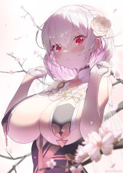 Rule 34 | absurdres, azur lane, bare shoulders, blush, breast curtains, breasts, cherry blossoms, closed mouth, commentary, crossed bangs, flower, gloves, hair between eyes, hair flower, hair ornament, half gloves, highres, keureu (tiqkdtiqkd10), large breasts, light frown, looking at viewer, official alternate costume, red eyes, revealing clothes, rose, short hair, silver hair, sirius (azur lane), sirius (azure horizons) (azur lane), solo, twitter username, upper body, white flower, white gloves, white rose