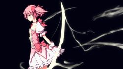 Rule 34 | 10s, 1girl, an (angular-angler), bad id, bad pixiv id, bow (weapon), brown eyes, bubble skirt, choker, dark, gloves, glowing, hair ribbon, jewelry, kaname madoka, magical girl, mahou shoujo madoka magica, mahou shoujo madoka magica (anime), pendant, pink eyes, pink hair, profile, puffy sleeves, ribbon, short hair, short twintails, simple background, skirt, solo, twintails, weapon, white gloves