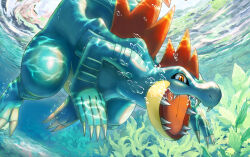 air_bubble bearluxe bubble claws commentary_request creatures_(company) feraligatr game_freak gen_2_pokemon nintendo no_humans open_mouth orange_eyes pokemon pokemon_(creature) ripples solo teeth tongue underwater