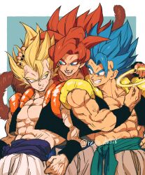 Rule 34 | absurdres, biceps, black wristband, blue eyes, blue sash, body fur, brown fur, dragon ball, dragon ball gt, dragon ball super, dragonball z, gogeta, halo, highres, male focus, metamoran vest, monkey boy, monkey tail, multiple persona, muscular, muscular male, no nipples, pants, pectorals, red hair, relio db318, sash, simple background, smile, spiked hair, super saiyan, super saiyan 1, super saiyan 4, super saiyan blue, tail, veins, veiny hands, white pants
