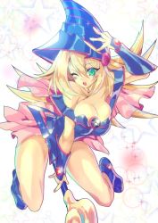 Rule 34 | 1girl, ;o, adjusting clothes, adjusting headwear, bare shoulders, blonde hair, blue footwear, blush stickers, boots, breasts, capelet, choker, cleavage, collarbone, dark magician girl, duel monster, flipped hair, full body, green eyes, hair between eyes, hat, large breasts, long hair, \\n/, one eye closed, oota minoru, open mouth, pentacle, solo, sparkle, staff, star (symbol), starry background, vambraces, wizard hat, yu-gi-oh!, yu-gi-oh! duel monsters