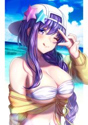 Rule 34 | 1girl, ;q, artist name, bad id, bad pixiv id, bare shoulders, bb (fate), bb (fate) (all), bb (swimsuit mooncancer) (fate), bb (swimsuit mooncancer) (first ascension) (fate), blue sky, blush, braid, breasts, cloud, day, fate/grand order, fate (series), hat, large breasts, long hair, looking at viewer, navel, ocean, one eye closed, purple eyes, purple hair, saruei, single braid, sky, solo, star (symbol), tongue, tongue out, upper body, v, white hat