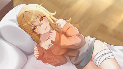 Rule 34 | 1girl, alternate costume, bandaged leg, bandages, bare shoulders, blonde hair, bu weizhuang, chest tattoo, chinese commentary, commentary request, genshin impact, hair down, highres, long hair, long sleeves, looking at viewer, lying, no pants, off-shoulder sweater, off shoulder, on side, open mouth, orange sweater, pillow, solo, sweater, tattoo, thighs, yellow eyes, yoimiya (genshin impact)
