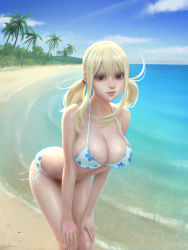 Rule 34 | 1girl, beach, bikini, blonde hair, breasts, brown eyes, cleavage, curvy, fairy tail, gohpot, large breasts, legs, looking at viewer, lucy heartfilia, ocean, sideboob, sidelocks, smile, solo, swimsuit, tattoo, thick thighs, thighs, twintails, water
