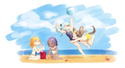 Rule 34 | 4girls, @ @, absurdres, animal ears, bad id, bad pixiv id, ball, barefoot, beach, beachball, blonde hair, blue hair, blush, brown hair, bucket, coco mercury, crab, dark-skinned female, dark skin, dog ears, dog girl, dog tail, dutch girl (last origin), eyepatch, fang, full body, hachiko of castling, highres, hug, kbn317, last origin, light blue hair, lrl (last origin), multicolored hair, multiple girls, one-piece swimsuit, orange eyes, orange hair, purple hair, sand, sand castle, sand sculpture, scared, short hair, smile, starfish, surprised, swimsuit, tackle, tail, twintails, two-tone hair, water, wavy mouth