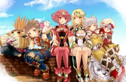 Rule 34 | 1boy, 4girls, animal ears, azurda (xenoblade), bad id, bad twitter id, bare legs, black gloves, blonde hair, blunt bangs, breasts, brick wall, brown footwear, bubble tea, cat ears, chest jewel, cleavage, cleavage cutout, clothing cutout, day, dress, drinking straw, dromarch (xenoblade), earrings, facial mark, fingerless gloves, full body, gloves, goggles, goggles on head, hat, highres, jewelry, large breasts, long hair, multiple girls, mythra (xenoblade), nia (xenoblade), nopon, orange eyes, outdoors, poppi (xenoblade), poppi alpha (xenoblade), purple hair, pyra (xenoblade), red eyes, red footwear, red hair, red legwear, red shorts, rex (xenoblade), shiroxai, short hair, short shorts, shorts, silver hair, sitting on wall, small breasts, swept bangs, thighhighs, tiara, tora (xenoblade 2), twintails, very long hair, white dress, white footwear, white gloves, xenoblade chronicles (series), xenoblade chronicles 2, yellow eyes