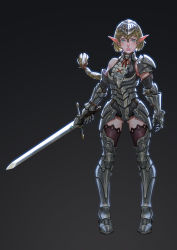 Rule 34 | 1girl, absurdres, arm at side, armor, armored boots, belt, black thighhighs, blonde hair, blue eyes, boots, braid, breastplate, breasts, brown thighhighs, commentary, detached sleeves, elf, frills, full body, gauntlets, gluteal fold, greaves, grey background, grey thighhighs, hair between eyes, helmet, highres, holding, holding sword, holding weapon, long hair, looking at viewer, original, pointy ears, red ribbon, ribbon, serious, short hair with long locks, shoulder armor, single bare shoulder, single braid, solo, standing, sword, thigh boots, thighhighs, weapon, xue qi ye (dndtmbdue)