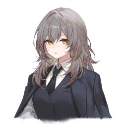 Rule 34 | 1girl, adelie cat, alternate costume, black coat, black necktie, black vest, breast pocket, closed mouth, coat, coat on shoulders, collared shirt, cropped torso, expressionless, grey hair, hair between eyes, hair intakes, hashtag-only commentary, highres, honkai: star rail, honkai (series), long hair, looking at viewer, necktie, pocket, shirt, simple background, solo, stelle (honkai: star rail), trailblazer (honkai: star rail), upper body, vest, white background, white shirt, yellow eyes