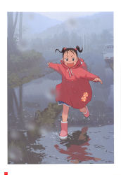 Rule 34 | 1girl, black hair, boots, child, highres, open mouth, original, rain, raincoat, running, short hair, short twintails, solo, takamichi, twintails, vehicle