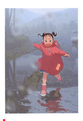 1girl black_hair boots child highres open_mouth original rain raincoat running short_hair short_twintails solo takamichi twintails vehicle