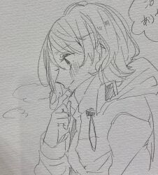 Rule 34 | 1girl, blush, closed mouth, commentary, graphite (medium), highres, hood, hood down, hooded jacket, jacket, kashikaze, long sleeves, love live!, love live! sunshine!!, short hair, solo, traditional media, watanabe you, winter clothes