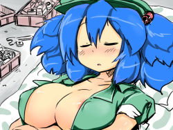 Rule 34 | 1girl, areola slip, blue hair, breasts, cleavage, female focus, hair bobbles, hair ornament, hat, kawashiro nitori, large breasts, nipple slip, nipples, no bra, okiraku nikku, open clothes, open shirt, shirt, sleeping, solo, touhou, twintails, two side up, wrench