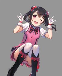 Rule 34 | 10s, 1girl, ;d, black bow, black bowtie, black footwear, black hair, blush, boots, bow, bowtie, buttons, dutch angle, gloves, grey background, hair bow, hair ornament, hairclip, hand gesture, idol, kira-kira sensation!, knee boots, knees together feet apart, looking at viewer, love live!, love live! school idol project, m/, mignon, one eye closed, open mouth, pink eyes, pink skirt, pink vest, pom pom (clothes), red bow, round teeth, shirt, short twintails, simple background, skirt, smile, solo, squatting, tareme, teeth, thighhighs, thighs, twintails, vest, white gloves, white shirt, white thighhighs, wristband, yazawa nico, zettai ryouiki