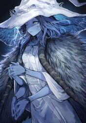 Rule 34 | 1girl, blue eyes, blue hair, blue skin, breasts, cloak, colored skin, cracked skin, doll joints, dress, elden ring, extra arms, fur cloak, glowing tattoo, hat, hat ornament, highres, joints, large hat, long hair, looking at viewer, mephisto (angraecum), one eye closed, parted bangs, ranni the witch, revision, solo, white dress, white hat, witch, witch hat
