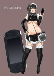 Rule 34 | 1girl, aya:hito, black eyes, black hair, breasts, detached sleeves, elbow gloves, frilled thighhighs, frills, garter straps, gloves, handheld game console, maru-uni, midriff, navel, playstation portable, side ponytail, solo, thighhighs, underboob
