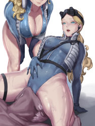 Rule 34 | 1boy, 1girl, absurdres, alternate costume, alternate hairstyle, arm support, blonde hair, blue eyes, breasts, cameltoe, cleavage, covered navel, dark-skinned male, dark skin, girl on top, goggles, goggles on head, headset, hetero, highleg, highleg leotard, highres, kolin, kumiko shiba, large breasts, leotard, multiple views, night-vision device, open mouth, ponytail, reclining, simple background, sitting, sitting on face, sitting on person, street fighter, street fighter v, sweat, thick thighs, thighs, unzipped, urien, vest, wet, wet clothes