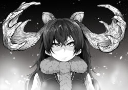 Rule 34 | 1girl, animal ears, antlers, breasts, cardigan, closed mouth, extra ears, greyscale, highres, horns, kemono friends, large breasts, long hair, long sleeves, looking away, looking up, monochrome, moose (kemono friends), moose ears, scarf, solo, uneven eyes, upper body, yonyon (yotayota honpo)