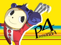 Rule 34 | atlus, bad id, bad pixiv id, claws, copyright name, foreshortening, grey eyes, hiiro (kikokico), kuma (persona 4), no humans, persona, persona 4, solo, striped, striped background, text focus, weapon, yellow background