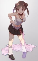 Rule 34 | 1girl, bare shoulders, belt, belt collar, black skirt, blush, breasts, brown eyes, brown hair, cleavage, collar, collarbone, crop top, dot nose, double bun, full body, grey background, hair belt, hair bun, hand on own hip, heart belt, high heels, idolmaster, idolmaster shiny colors, jacket, jewelry, large breasts, leaning forward, long hair, looking at viewer, loose socks, midriff, navel, necklace, pleated skirt, red collar, red eyes, satomura kyou, simple background, skirt, smile, socks, solo, sonoda chiyoko, strapless, tongue, tongue out, tube top, twintails, undressing, white belt, white jacket, white socks, white tube top