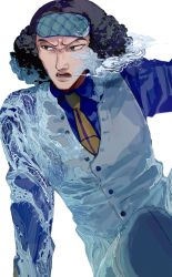 Rule 34 | 1boy, afro, black eyes, black hair, blue shirt, breath weapon, breathing ice, eye mask, highres, ice, kuzan (aokiji), long sleeves, looking to the side, male focus, necktie, one piece, patterned, shirt, simple background, solo, vest, white background, white vest, yadu nadu, yellow necktie