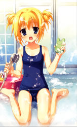 Rule 34 | 1girl, :3, :d, absurdres, alternate hairstyle, barefoot, bathing, bathroom, blonde hair, blue eyes, blue one-piece swimsuit, blush, breasts, cameltoe, character doll, chibi, chitose sana, double bun, feet, foam, full body, hair bun, hair intakes, hair up, happy, highres, holding, indoors, looking at viewer, muririn, o o, official art, on floor, one-piece swimsuit, open mouth, reflection, riding, rindou ruri, rubber duck, scan, school swimsuit, short hair, shower head, sitting, small breasts, smile, soap bubbles, solo, sponge, swimsuit, tareme, taut clothes, taut swimsuit, tenshinranman, tile wall, tiles, toes, wariza, washbowl, water, wet