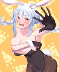 Rule 34 | 1girl, :o, alternate breast size, animal ear fluff, animal ears, armpits, bare shoulders, black gloves, black leotard, black pantyhose, blue hair, blush, braid, breasts, breasts squeezed together, carrot, carrot hair ornament, cleavage, collarbone, covering privates, covering breasts, embarrassed, food-themed hair ornament, fur-trimmed gloves, fur trim, gloves, hair between eyes, hair ornament, half gloves, highres, hololive, ichi-go, large breasts, leotard, looking at viewer, multicolored hair, open mouth, orange background, orange eyes, pantyhose, playboy bunny, polka dot, polka dot background, rabbit ears, rabbit girl, rabbit tail, sidelocks, sleeveless, solo, strapless, sweat, tail, teeth, twin braids, twintails, two-tone hair, upper teeth only, usada pekora, virtual youtuber, white hair