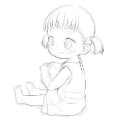 Rule 34 | 1girl, ball, bare arms, bare shoulders, barefoot, blush, child, closed mouth, commentary request, dress, full body, greyscale, highres, holding, holding ball, looking away, looking to the side, miyasaka takaji, monochrome, original, shadow, short twintails, simple background, sitting, sleeveless, sleeveless dress, smile, solo, twintails, white background
