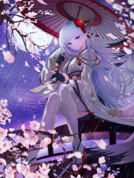 Rule 34 | 1girl, absurdres, azur lane, bad id, bad pixiv id, black gloves, blue eyes, blunt bangs, blush, breasts, bridge, cherry blossoms, closed mouth, collarbone, floating hair, flower, gloves, hair flower, hair ornament, head tilt, highres, holding, holding umbrella, japanese clothes, kimono, large breasts, long hair, looking at viewer, mole, mole under eye, moon, neiless neiro, night, night sky, partially fingerless gloves, rain, shoukaku (azur lane), sidelocks, silver hair, sitting, sky, smile, solo, star (sky), starry sky, thighhighs, thighs, umbrella, water, water drop, wide sleeves, wind