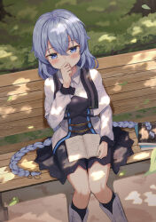 Rule 34 | 1girl, black dress, black socks, blue eyes, blue hair, blush, book on lap, boots, braid, bush, capelet, commentary, covering own mouth, dot nose, dress, falling leaves, flat chest, hair between eyes, highres, leaf, long hair, looking down, mushoku tensei, on bench, pile of books, reading, roxy migurdia, sitting, socks, solo, tree, twin braids, ushimu, very long hair, white capelet, white footwear