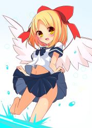 Rule 34 | 1girl, angel wings, barefoot, blonde hair, blue skirt, bow, brown eyes, check commentary, clothes lift, commentary, commentary request, gengetsu (touhou), hair bow, highres, inon, lifting own clothes, miniskirt, navel, open mouth, ribbon, school uniform, serafuku, shirt, short hair, skirt, skirt lift, solo, splashing, toes, touhou, touhou (pc-98), wading, water, white shirt, wind, wind lift, wings