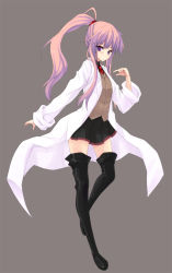 Rule 34 | 1girl, bad id, bad pixiv id, blush, boots, coat, female focus, full body, lab coat, long hair, original, pleated skirt, ponytail, purple eyes, purple hair, rage (rojiura), school uniform, simple background, skirt, sleeves rolled up, solo, thigh boots, thighhighs, very long hair, zettai ryouiki