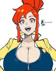 Rule 34 | 1girl, 2021, alternate breast size, artist name, aurahack, badge, blue eyes, breasts, cleavage, commentary, ghost trick, highres, huge breasts, long hair, lynne (ghost trick), red hair, simple background, smile, solo, twitter username, white background, zipper