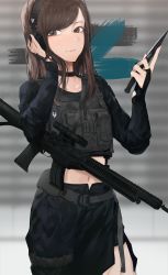 Rule 34 | 1girl, ammunition pouch, bangosu, black choker, black shirt, black skirt, bridal gauntlets, brown eyes, brown hair, buckle, choker, closed mouth, commentary request, crop top, ear protection, gun, gun sling, hands up, highres, holding, holding knife, knife, looking at viewer, midriff, navel, original, pouch, scope, shirt, skirt, smile, snap-fit buckle, solo, standing, swept bangs, weapon, weapon request
