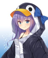 Rule 34 | 1girl, :q, bikini, bikini under clothes, black bikini, black jacket, blue background, blue bow, blue eyes, blush, bow, closed mouth, collarbone, commentary request, fate/grand order, fate (series), gradient background, hair between eyes, highres, hood, hood up, hooded jacket, jacket, long hair, looking at viewer, meltryllis, meltryllis (fate), meltryllis (swimsuit lancer) (fate), meltryllis (swimsuit lancer) (first ascension) (fate), purple hair, rennkuu, smile, solo, swimsuit, tongue, tongue out, upper body, white background