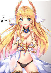 Rule 34 | 1girl, :d, azur lane, bare shoulders, black panties, black thighhighs, blonde hair, blue eyes, blue flower, blue rose, blush, breasts, chahei, chain, cleavage, commentary request, cowboy shot, dress, eighth note, eyelashes, flower, flower ornament, gluteal fold, gradient background, grey background, highres, jewelry, large breasts, laurel crown, legs apart, long hair, looking at viewer, multicolored hair, musical note, navel, open mouth, panties, playing with own hair, revision, ribbon, rose, simple background, sleeveless, sleeveless dress, smile, solo, standing, teeth, thighhighs, two-tone hair, underwear, veil, very long hair, victorious (azur lane), white background, wrist ribbon