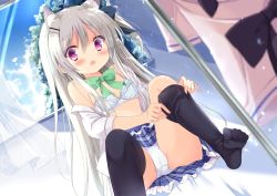 Rule 34 | 1girl, :o, adjusting clothes, adjusting legwear, animal ears, bare shoulders, black thighhighs, blush, bow, bowtie, bra, breasts, cat ears, cloud, curtains, dan ball, day, dog ears, dutch angle, feet, frilled bra, frilled skirt, frills, green bow, green bowtie, hair ornament, hair ribbon, hairclip, indoors, koinu-chan, long hair, looking at viewer, no shoes, off shoulder, open clothes, open mouth, open shirt, original, panties, pantyshot, plaid, plaid skirt, purple eyes, ribbon, shirt, side ponytail, silver hair, sitting, skirt, sky, small breasts, solo, sunlight, thighhighs, underwear, white panties, window