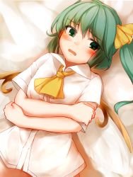 Rule 34 | 1girl, ascot, bad id, bad pixiv id, bed sheet, blush, commentary, daiyousei, eyes visible through hair, fairy wings, green eyes, green hair, hair ribbon, highres, long hair, looking at viewer, lying, on back, open mouth, out-of-frame censoring, pokio, ribbon, shirt, short sleeves, side ponytail, solo, touhou, upper body, white shirt, wings, yellow ascot, yellow ribbon